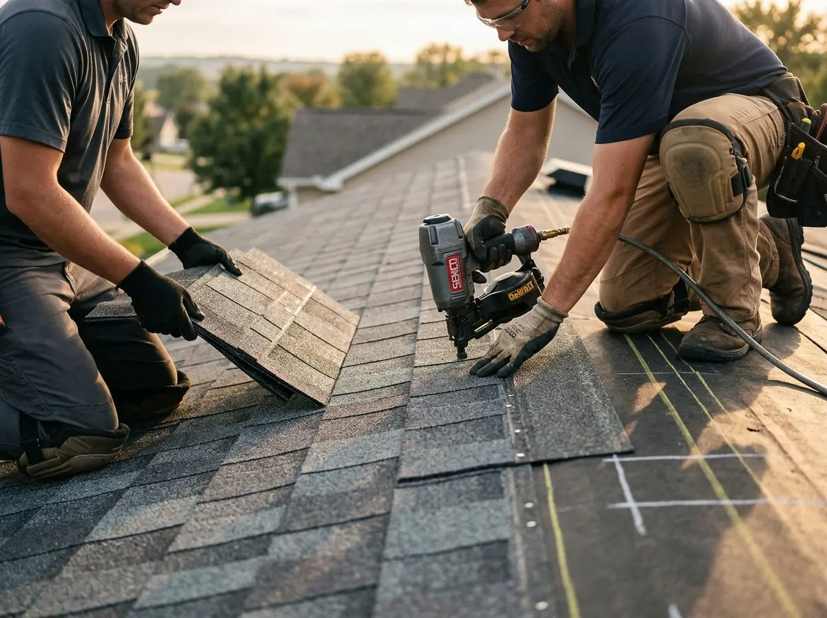 Professional roofer working on a residential roof in Raleigh Hills